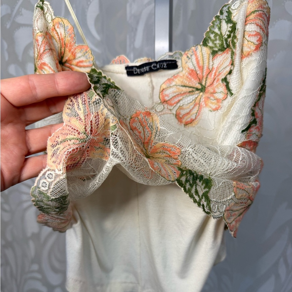 Cami Tank Bralette Soft Cotton Lined Lace with Cream with Floral Pattern - Picture 6 of 10